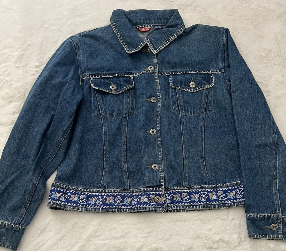 Agapo Denim Jacket Womens Large Blue Embroidered Trim Button Front Coat Y2K VTG